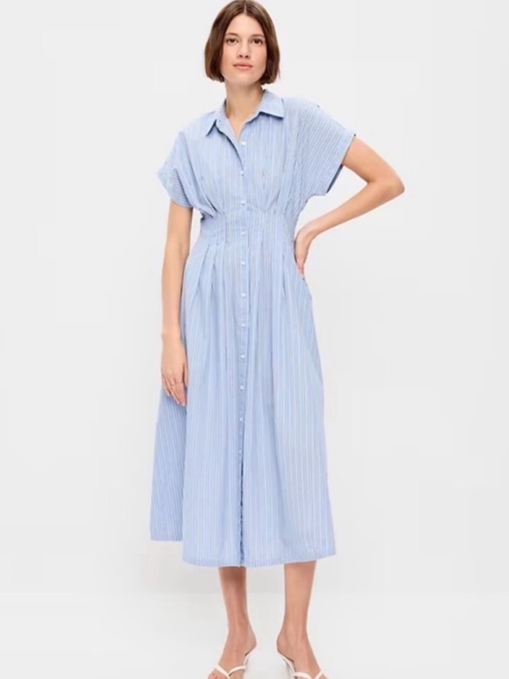 Nwt! Old Navy Blue & White Pintuck-Waist Midi Shirt Dress - Medium